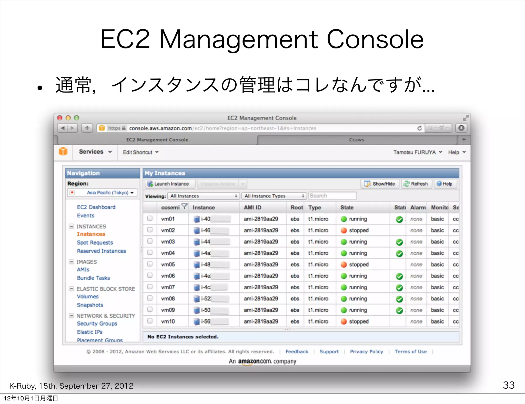 EC2 Management Console
      • 通常，インスタンスの管理はコレなんですが...




 K-Ruby, 15th. September 27, 2012                33
12年10月1日月曜日
 