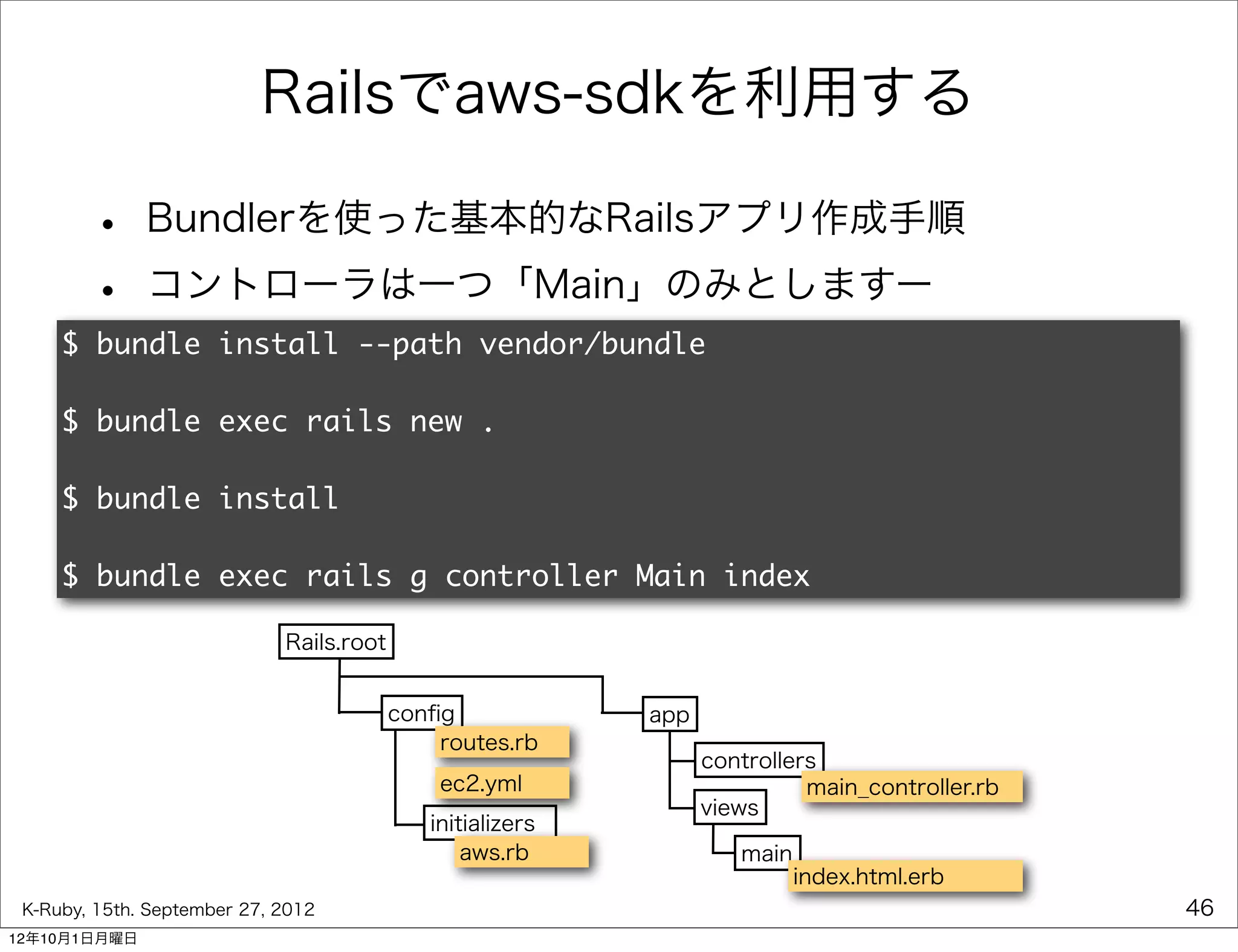 Railsでaws-sdkを利用する

        •     Bundlerを使った基本的なRailsアプリ作成手順
        •     コントローラは一つ「Main」のみとしますー
     $ bundle install --path vendor/bundle

     $ bundle exec rails new .

     $ bundle install

     $ bundle exec rails g controller Main index

                             Rails.root


                                          conﬁg             app
                                              routes.rb
                                                                  controllers
                                              ec2.yml                       main_controller.rb
                                                                  views
                                             initializers
                                                 aws.rb              main
                                                                            index.html.erb
 K-Ruby, 15th. September 27, 2012                                                                46
12年10月1日月曜日
 