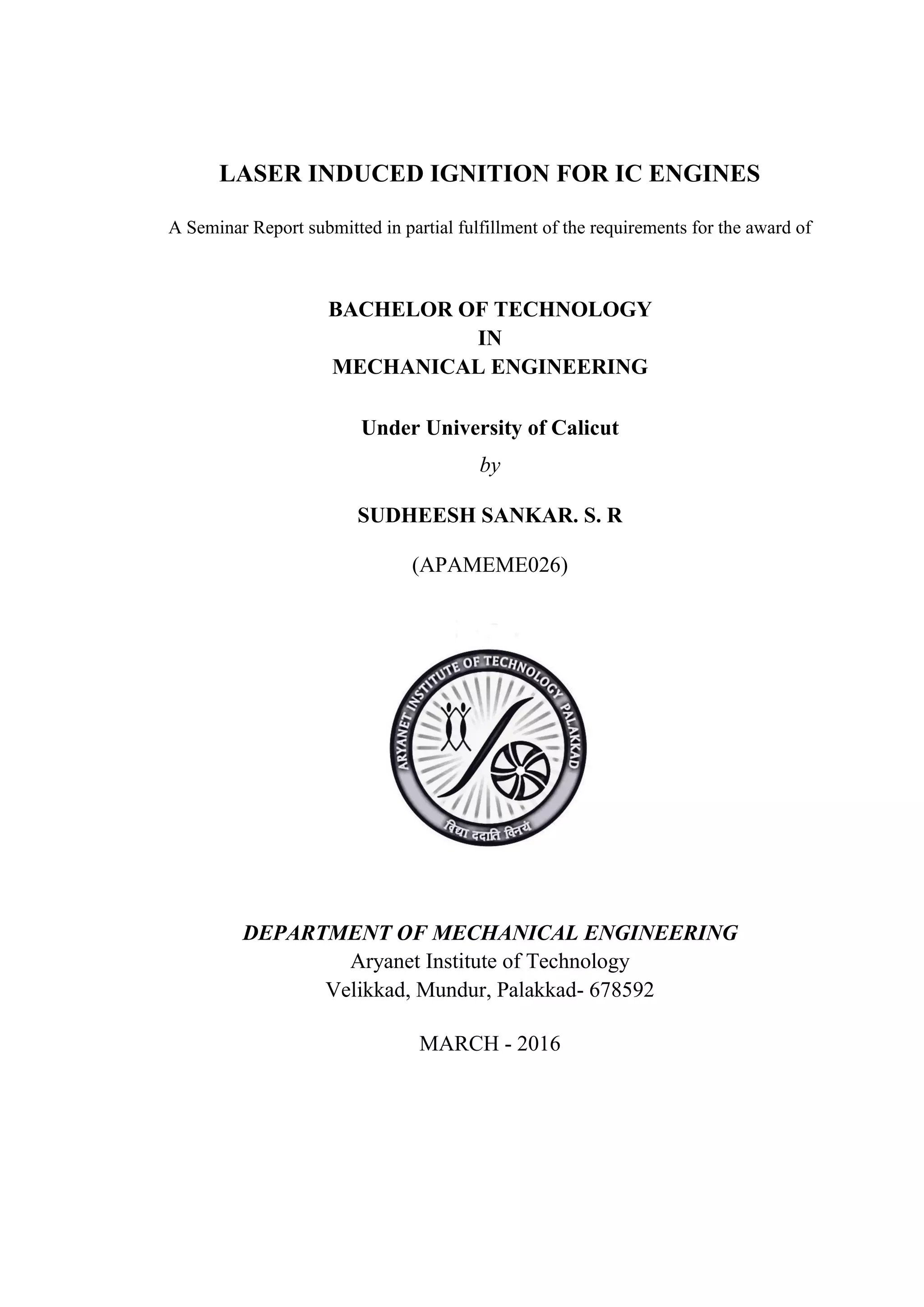 LASER INDUCED IGNITION FOR I C ENGINES PDF