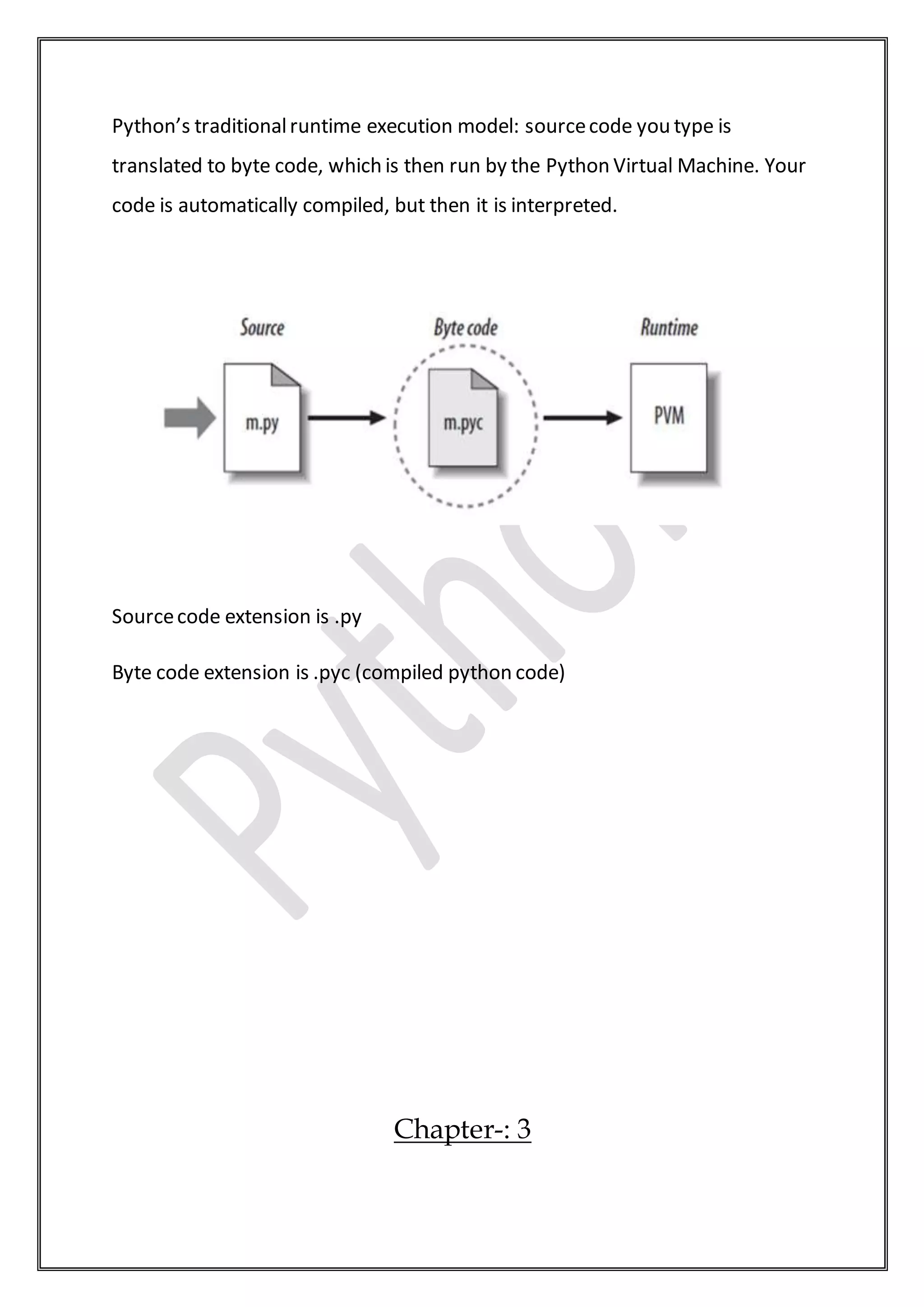 Python’s traditionalruntime execution model: sourcecode you type is
translated to byte code, which is then run by the Python Virtual Machine. Your
code is automatically compiled, but then it is interpreted.
Sourcecode extension is .py
Byte code extension is .pyc (compiled python code)
Chapter-: 3
 