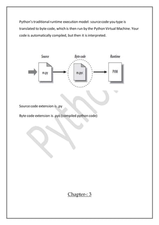 Python’s traditionalruntime execution model: sourcecode you type is
translated to byte code, which is then run by the Python Virtual Machine. Your
code is automatically compiled, but then it is interpreted.
Sourcecode extension is .py
Byte code extension is .pyc (compiled python code)
Chapter-: 3
 