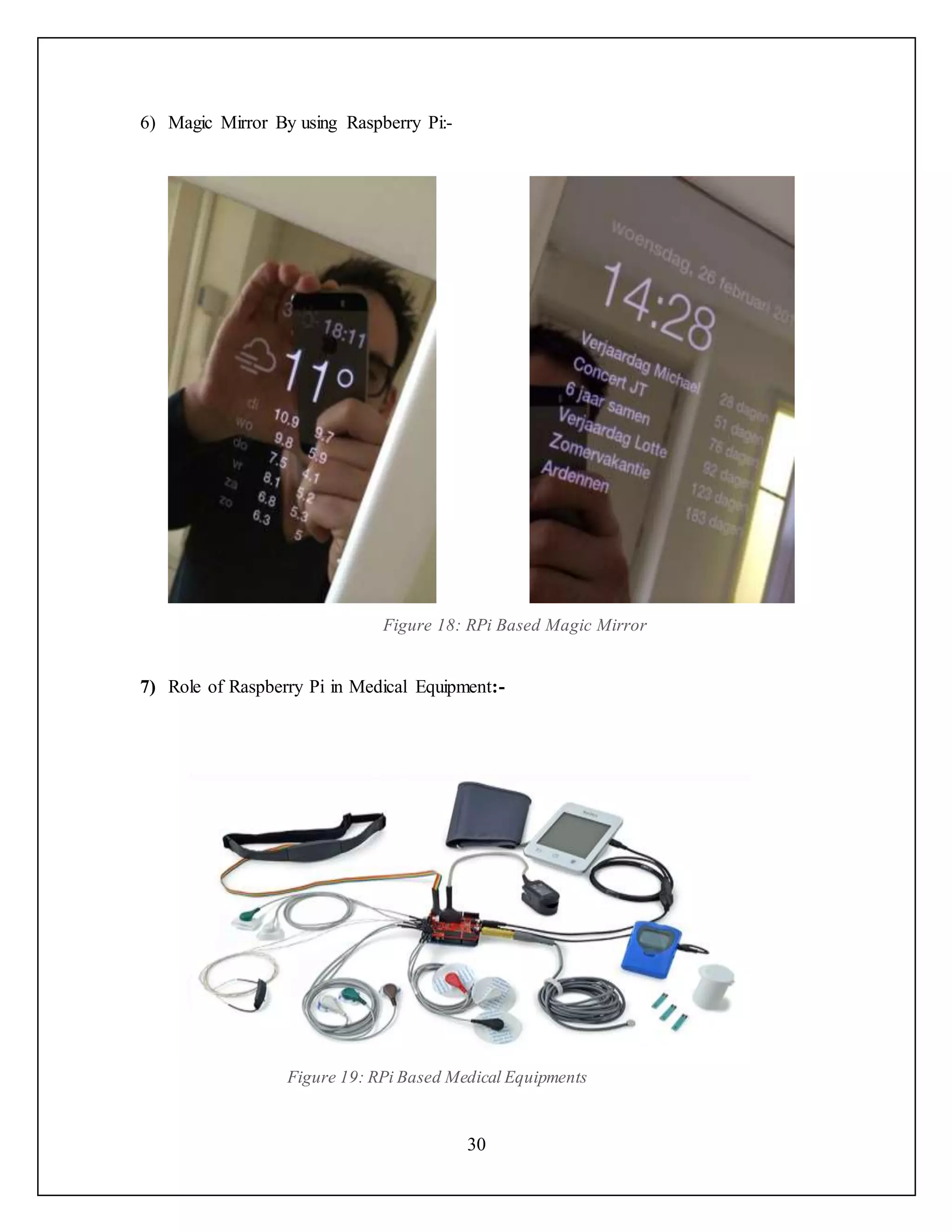 30
6) Magic Mirror By using Raspberry Pi:-
Figure 18: RPi Based Magic Mirror
7) Role of Raspberry Pi in Medical Equipment:-
Figure 19: RPi Based Medical Equipments
 