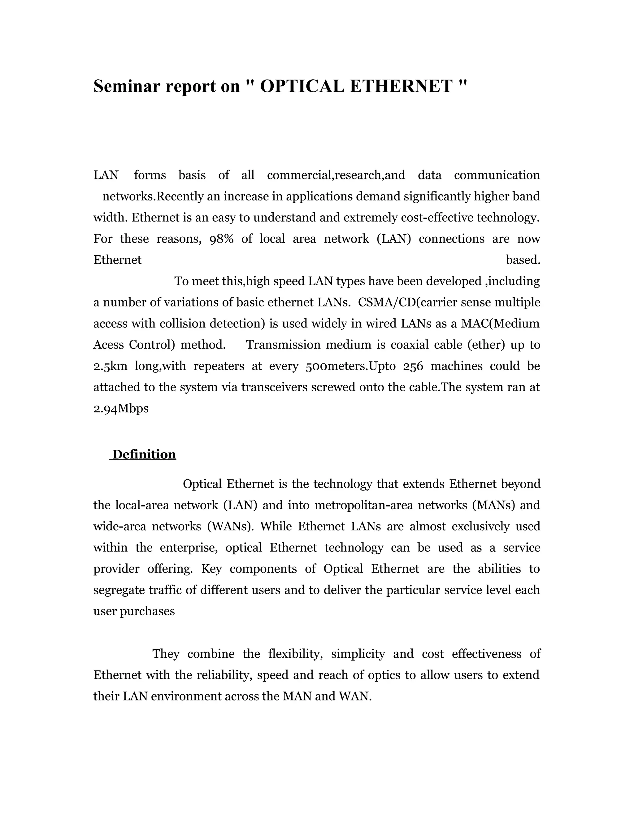 Seminar report of optical ethernet | DOC | Computer Networking | Computing