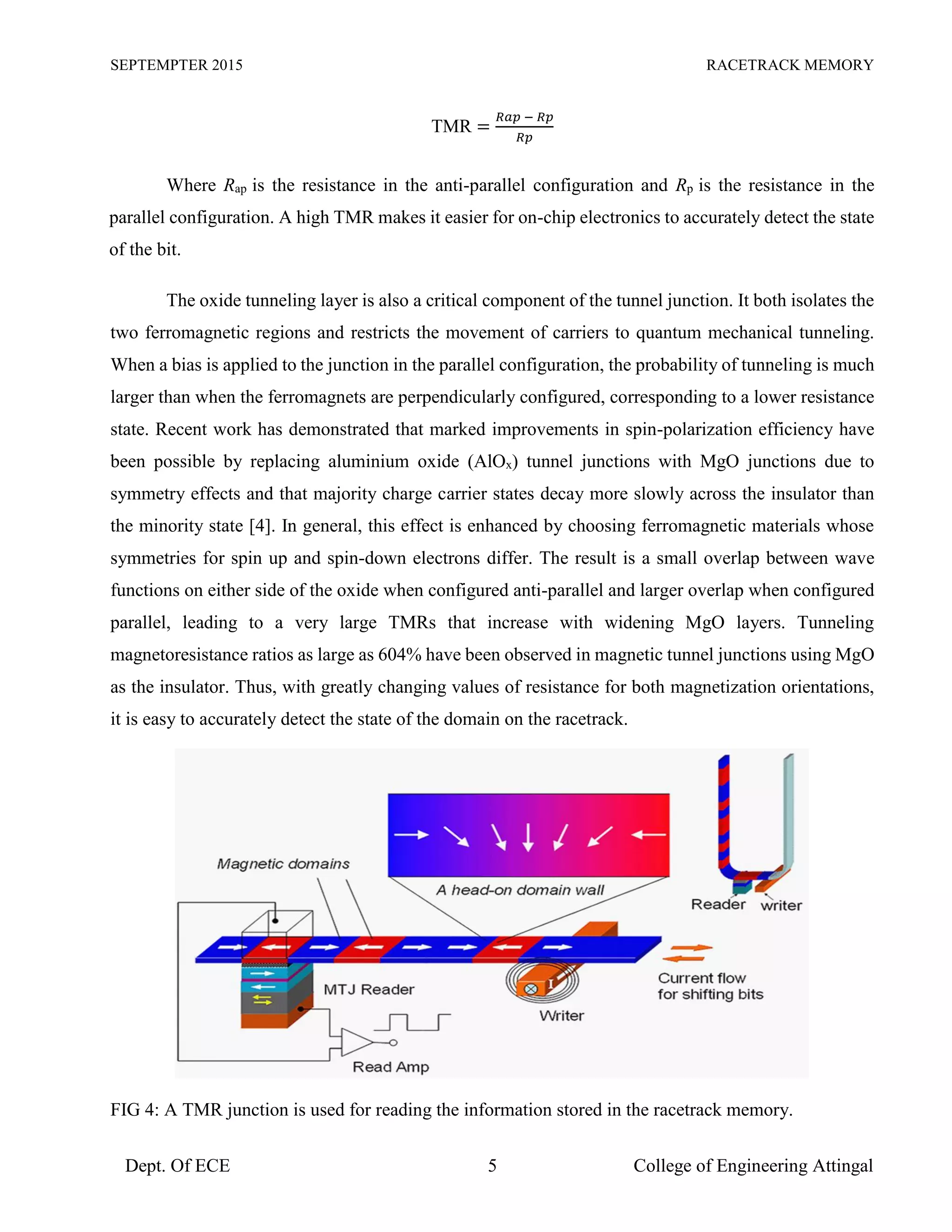 SEPTEMPTER 2015 RACETRACK MEMORY
Dept. Of ECE 5 College of Engineering Attingal
TMR =
𝑅𝑎𝑝 − 𝑅𝑝
𝑅𝑝
Where Rap is the resistance in the anti-parallel configuration and Rp is the resistance in the
parallel configuration. A high TMR makes it easier for on-chip electronics to accurately detect the state
of the bit.
The oxide tunneling layer is also a critical component of the tunnel junction. It both isolates the
two ferromagnetic regions and restricts the movement of carriers to quantum mechanical tunneling.
When a bias is applied to the junction in the parallel configuration, the probability of tunneling is much
larger than when the ferromagnets are perpendicularly configured, corresponding to a lower resistance
state. Recent work has demonstrated that marked improvements in spin-polarization efficiency have
been possible by replacing aluminium oxide (AlOx) tunnel junctions with MgO junctions due to
symmetry effects and that majority charge carrier states decay more slowly across the insulator than
the minority state [4]. In general, this effect is enhanced by choosing ferromagnetic materials whose
symmetries for spin up and spin-down electrons differ. The result is a small overlap between wave
functions on either side of the oxide when configured anti-parallel and larger overlap when configured
parallel, leading to a very large TMRs that increase with widening MgO layers. Tunneling
magnetoresistance ratios as large as 604% have been observed in magnetic tunnel junctions using MgO
as the insulator. Thus, with greatly changing values of resistance for both magnetization orientations,
it is easy to accurately detect the state of the domain on the racetrack.
FIG 4: A TMR junction is used for reading the information stored in the racetrack memory.
 