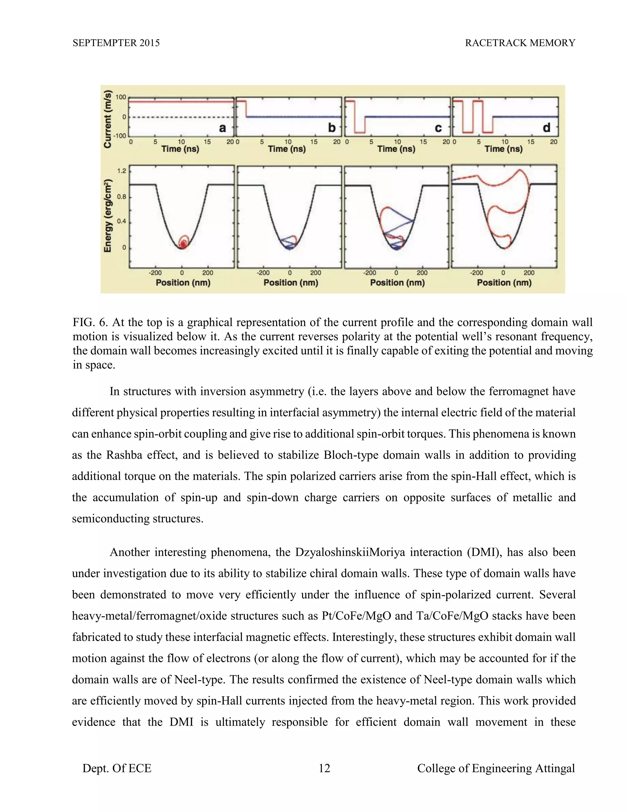 SEPTEMPTER 2015 RACETRACK MEMORY
Dept. Of ECE 12 College of Engineering Attingal
In structures with inversion asymmetry (i.e. the layers above and below the ferromagnet have
different physical properties resulting in interfacial asymmetry) the internal electric field of the material
can enhance spin-orbit coupling and give rise to additional spin-orbit torques. This phenomena is known
as the Rashba effect, and is believed to stabilize Bloch-type domain walls in addition to providing
additional torque on the materials. The spin polarized carriers arise from the spin-Hall effect, which is
the accumulation of spin-up and spin-down charge carriers on opposite surfaces of metallic and
semiconducting structures.
Another interesting phenomena, the DzyaloshinskiiMoriya interaction (DMI), has also been
under investigation due to its ability to stabilize chiral domain walls. These type of domain walls have
been demonstrated to move very efficiently under the influence of spin-polarized current. Several
heavy-metal/ferromagnet/oxide structures such as Pt/CoFe/MgO and Ta/CoFe/MgO stacks have been
fabricated to study these interfacial magnetic effects. Interestingly, these structures exhibit domain wall
motion against the flow of electrons (or along the flow of current), which may be accounted for if the
domain walls are of Neel-type. The results confirmed the existence of Neel-type domain walls which
are efficiently moved by spin-Hall currents injected from the heavy-metal region. This work provided
evidence that the DMI is ultimately responsible for efficient domain wall movement in these
FIG. 6. At the top is a graphical representation of the current profile and the corresponding domain wall
motion is visualized below it. As the current reverses polarity at the potential well’s resonant frequency,
the domain wall becomes increasingly excited until it is finally capable of exiting the potential and moving
in space.
 