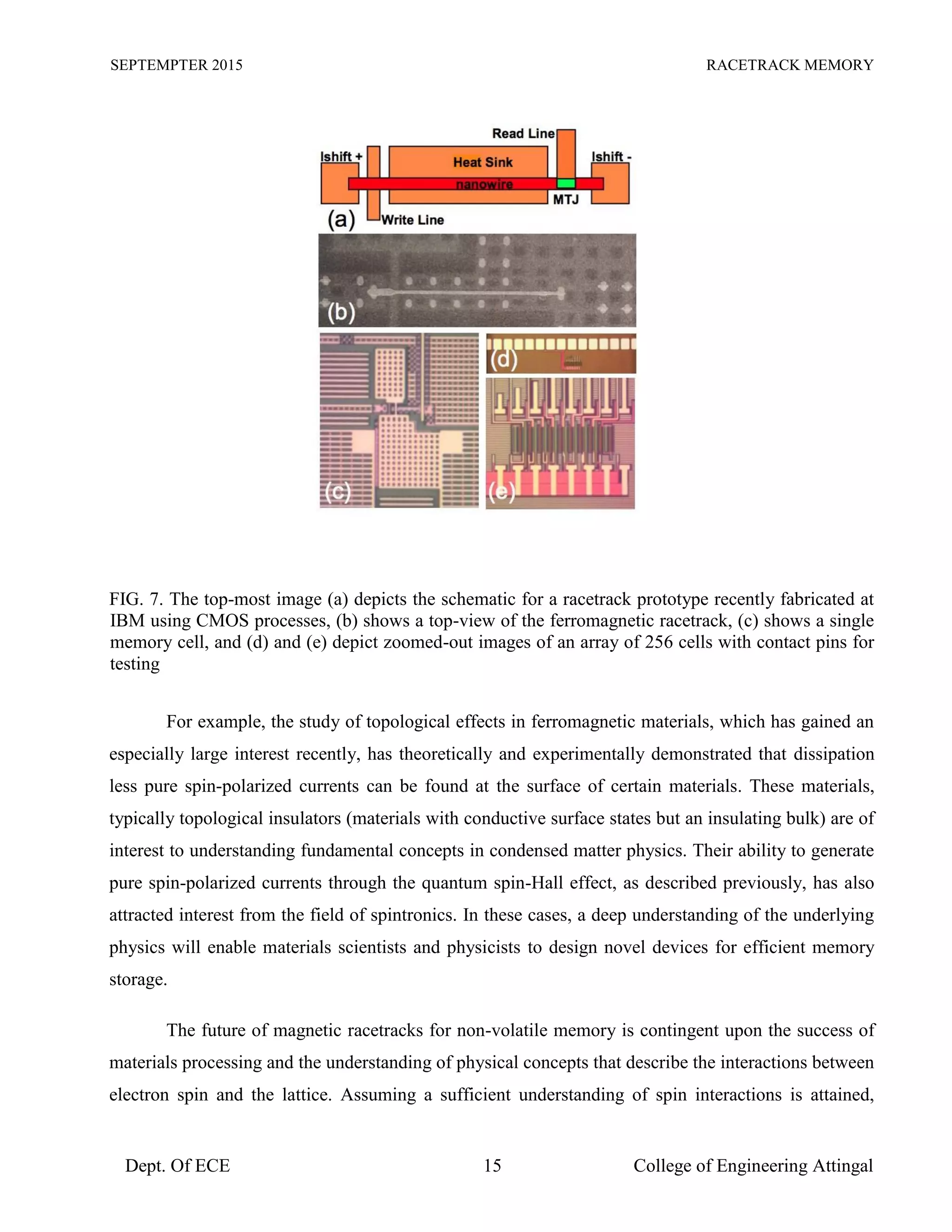 SEPTEMPTER 2015 RACETRACK MEMORY
Dept. Of ECE 15 College of Engineering Attingal
FIG. 7. The top-most image (a) depicts the schematic for a racetrack prototype recently fabricated at
IBM using CMOS processes, (b) shows a top-view of the ferromagnetic racetrack, (c) shows a single
memory cell, and (d) and (e) depict zoomed-out images of an array of 256 cells with contact pins for
testing
For example, the study of topological effects in ferromagnetic materials, which has gained an
especially large interest recently, has theoretically and experimentally demonstrated that dissipation
less pure spin-polarized currents can be found at the surface of certain materials. These materials,
typically topological insulators (materials with conductive surface states but an insulating bulk) are of
interest to understanding fundamental concepts in condensed matter physics. Their ability to generate
pure spin-polarized currents through the quantum spin-Hall effect, as described previously, has also
attracted interest from the field of spintronics. In these cases, a deep understanding of the underlying
physics will enable materials scientists and physicists to design novel devices for efficient memory
storage.
The future of magnetic racetracks for non-volatile memory is contingent upon the success of
materials processing and the understanding of physical concepts that describe the interactions between
electron spin and the lattice. Assuming a sufficient understanding of spin interactions is attained,
 