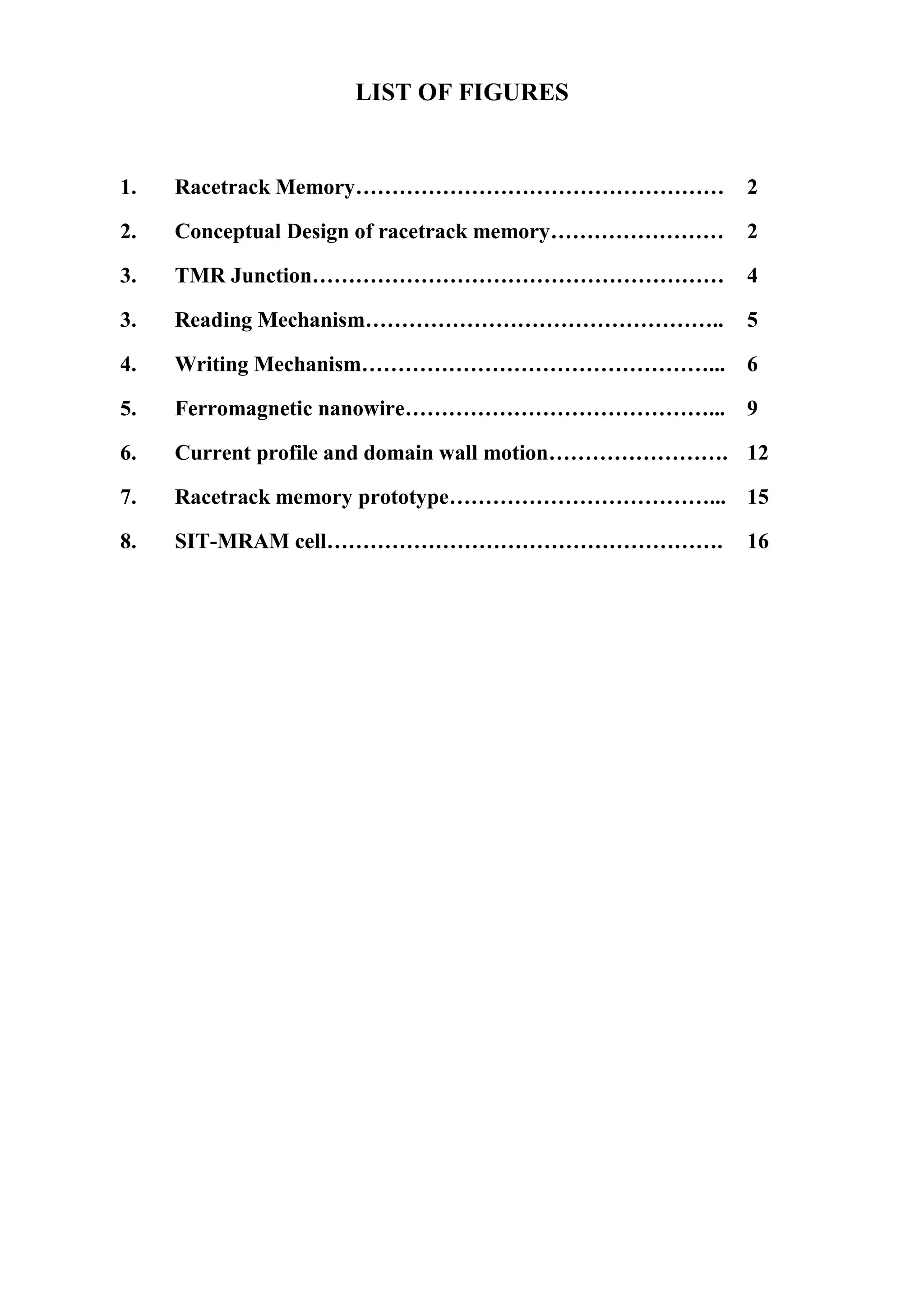 LIST OF FIGURES
1. Racetrack Memory…………………………………………… 2
2. Conceptual Design of racetrack memory…………………… 2
3. TMR Junction………………………………………………… 4
3. Reading Mechanism………………………………………….. 5
4. Writing Mechanism…………………………………………... 6
5. Ferromagnetic nanowire……………………………………... 9
6. Current profile and domain wall motion……………………. 12
7. Racetrack memory prototype………………………………... 15
8. SIT-MRAM cell………………………………………………. 16
 
