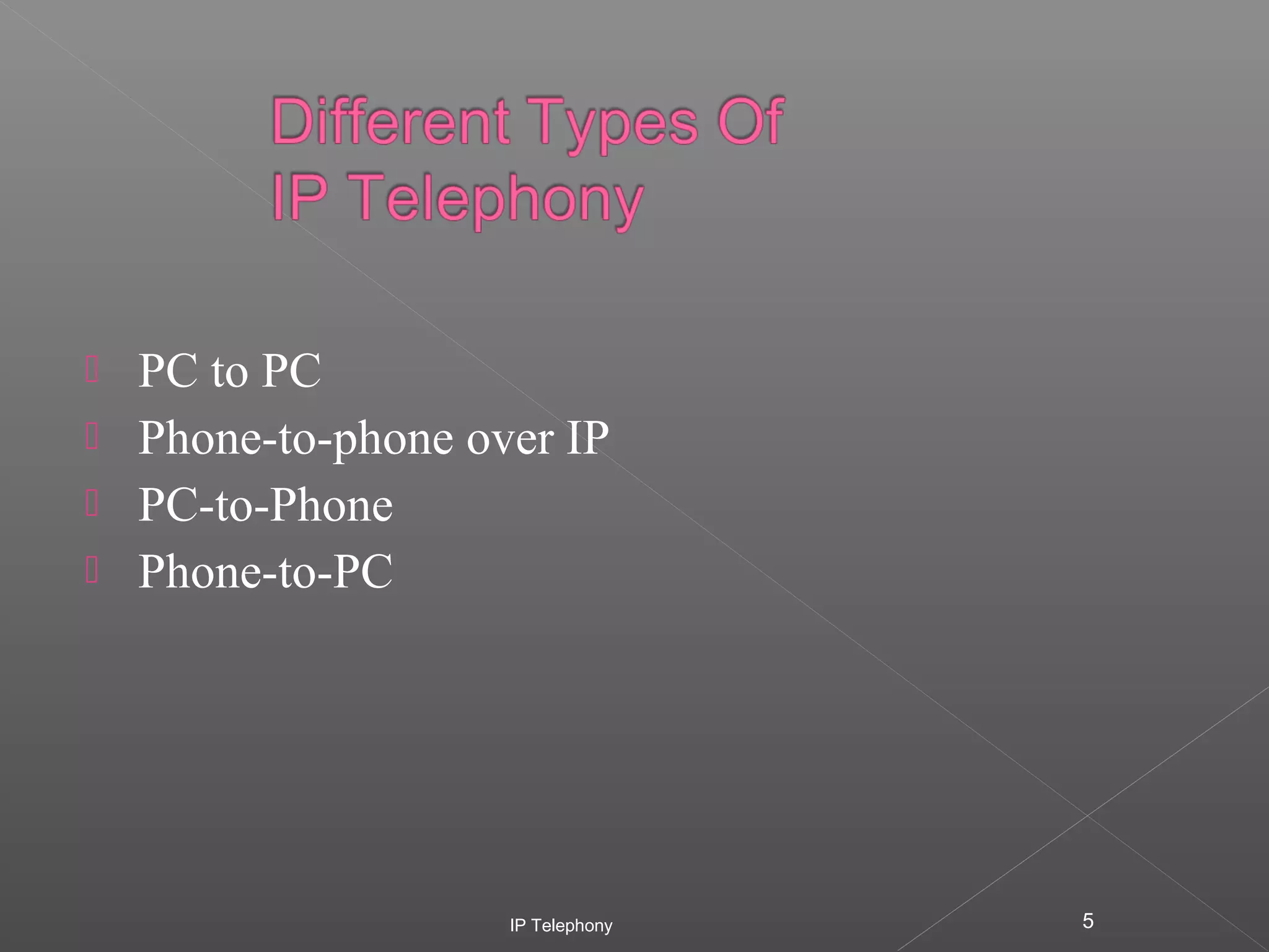




PC to PC
Phone-to-phone over IP
PC-to-Phone
Phone-to-PC

IP Telephony

5

 
