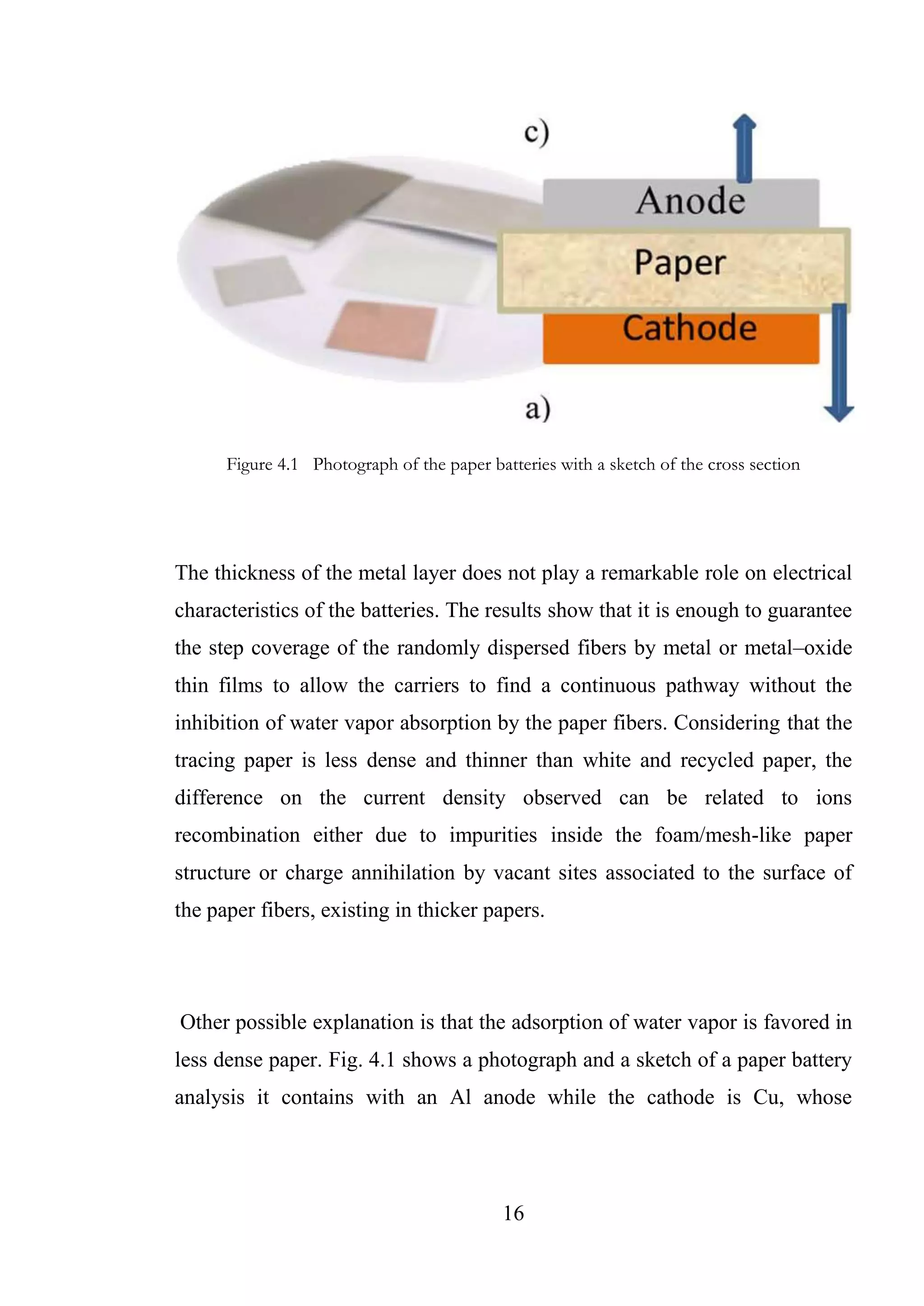 16
Figure 4.1 Photograph of the paper batteries with a sketch of the cross section
The thickness of the metal layer does not play a remarkable role on electrical
characteristics of the batteries. The results show that it is enough to guarantee
the step coverage of the randomly dispersed fibers by metal or metal–oxide
thin films to allow the carriers to find a continuous pathway without the
inhibition of water vapor absorption by the paper fibers. Considering that the
tracing paper is less dense and thinner than white and recycled paper, the
difference on the current density observed can be related to ions
recombination either due to impurities inside the foam/mesh-like paper
structure or charge annihilation by vacant sites associated to the surface of
the paper fibers, existing in thicker papers.
Other possible explanation is that the adsorption of water vapor is favored in
less dense paper. Fig. 4.1 shows a photograph and a sketch of a paper battery
analysis it contains with an Al anode while the cathode is Cu, whose
 