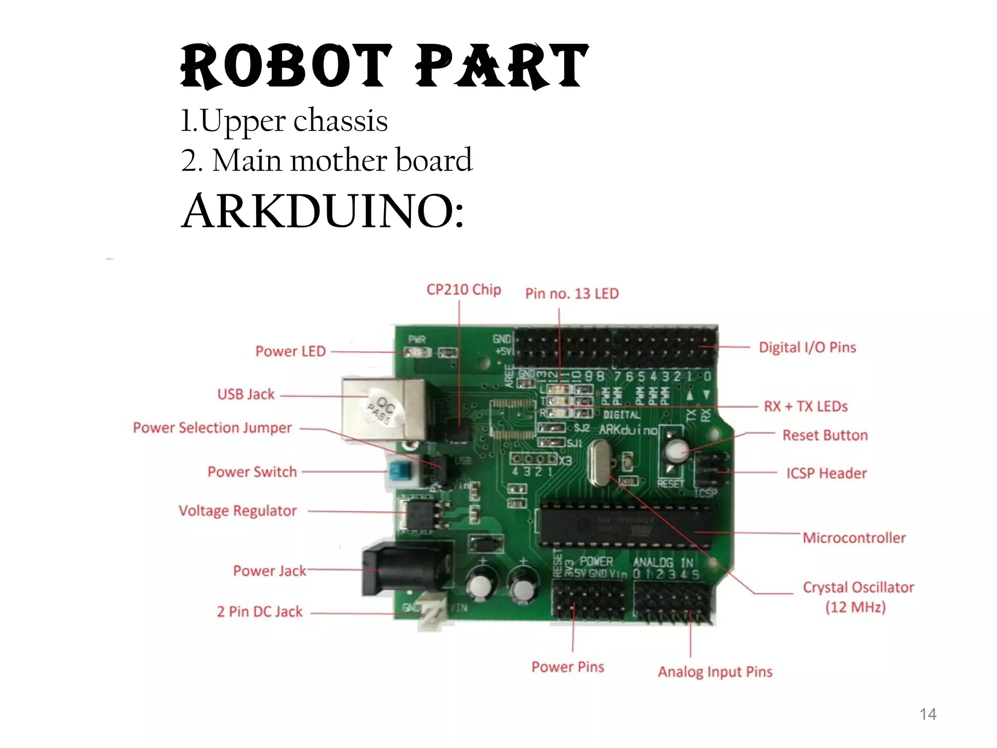 14 
rObOt Part 
1.Upper chassis 
2. Main mother board 
ARKDUINO: 
 