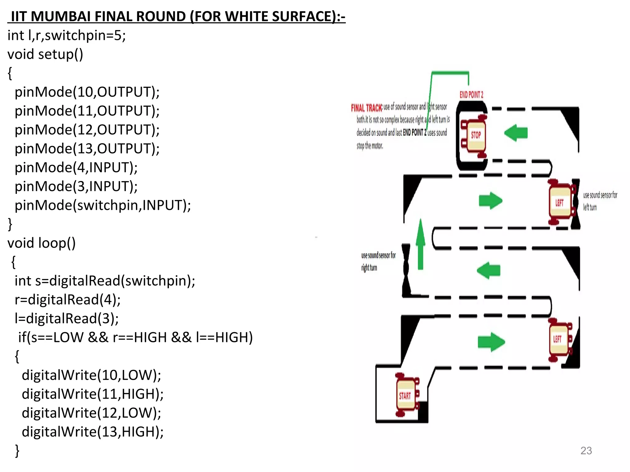 23 
IIT MUMBAI FINAL ROUND (FOR WHITE SURFACE):- 
int l,r,switchpin=5; 
void setup() 
{ 
pinMode(10,OUTPUT); 
pinMode(11,OUTPUT); 
pinMode(12,OUTPUT); 
pinMode(13,OUTPUT); 
pinMode(4,INPUT); 
pinMode(3,INPUT); 
pinMode(switchpin,INPUT); 
} 
void loop() 
{ 
int s=digitalRead(switchpin); 
r=digitalRead(4); 
l=digitalRead(3); 
if(s==LOW && r==HIGH && l==HIGH) 
{ 
digitalWrite(10,LOW); 
digitalWrite(11,HIGH); 
digitalWrite(12,LOW); 
digitalWrite(13,HIGH); 
} 
 