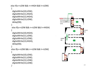 24 
else if(s==LOW && r==HIGH && l==LOW) 
{ 
digitalWrite(10,LOW); 
digitalWrite(11,HIGH); 
digitalWrite(12,HIGH); 
digitalWrite(13,LOW); 
delay(50); 
} 
else if(s==LOW && r==LOW && l==HIGH) 
{ 
digitalWrite(10,HIGH); 
digitalWrite(11,LOW); 
digitalWrite(12,LOW); 
digitalWrite(13,HIGH); 
delay(50); 
} 
else if(s==LOW && r==LOW && l==LOW) 
{ 
digitalWrite(10,LOW); 
digitalWrite(11,LOW); 
digitalWrite(12,LOW); 
digitalWrite(13,LOW); 
} 
 