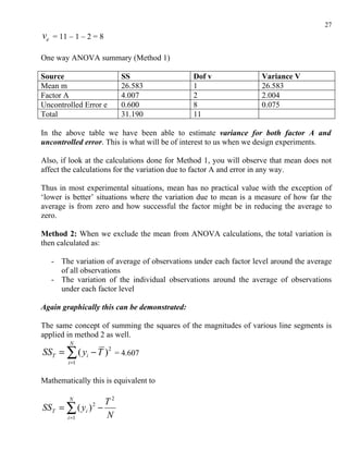 27
ve = 11 – 1 – 2 = 8

One way ANOVA summary (Method 1)

Source                   SS                   Dof v               Variance V
Mean m                   26.583               1                   26.583
Factor A                 4.007                2                   2.004
Uncontrolled Error e     0.600                8                   0.075
Total                    31.190               11

In the above table we have been able to estimate variance for both factor A and
uncontrolled error. This is what will be of interest to us when we design experiments.

Also, if look at the calculations done for Method 1, you will observe that mean does not
affect the calculations for the variation due to factor A and error in any way.

Thus in most experimental situations, mean has no practical value with the exception of
‘lower is better’ situations where the variation due to mean is a measure of how far the
average is from zero and how successful the factor might be in reducing the average to
zero.

Method 2: When we exclude the mean from ANOVA calculations, the total variation is
then calculated as:

   - The variation of average of observations under each factor level around the average
     of all observations
   - The variation of the individual observations around the average of observations
     under each factor level

Again graphically this can be demonstrated:

The same concept of summing the squares of the magnitudes of various line segments is
applied in method 2 as well.
         N
SST = ∑ ( yi − T ) 2 = 4.607
        i =1


Mathematically this is equivalent to

        N
                 T2
SST = ∑ ( yi ) −2

      i =1       N
 
