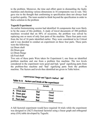 38
to the problem. Moreover, the time and effort spent in dismantling the faulty
machines and checking various dimensions in 16 components was in vain. This
gave rise to the thought that conforming to specification does nor always lead
to perfect quality. The team needed to think beyond the specification in order to
find a solution to the problem

Taguchi Experiment
An earlier brainstorming session had identified 16 components that were likely
to be the cause of this problem. A study of travel documents of 300 problem
machines revealed that on 88% of occasions, the problem was solved by
replacing one or more of only four parts of the machine. These four parts were
from the list of 16 parts identified earlier. They were considered to be Critical
and it was decided to conduct an experiment on these four parts. These parts
were the following:
(a) Drum shaft
(b) Drum gear
(c) Drum flange
(d) Feed shaft
Two sets of these parts Were taken for Experiment I, one from an identified
problem machine and one from a problem free machine. The two levels
considered in the experiment were good and bad; ‘good’ signifying parts from
the problem-free machine and ‘bad’ signifying parts from the problem
machine. The factors and levels thus identified are given in Table below.




A full factorial experiment would have required 16 trials while the experiment
was designed in L8(27) fractional factorial using a linear graph and orthogonal
array (OA) table developed by Taguchi.
 