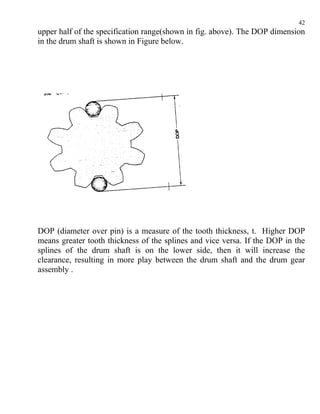 42
upper half of the specification range(shown in fig. above). The DOP dimension
in the drum shaft is shown in Figure below.




DOP (diameter over pin) is a measure of the tooth thickness, t. Higher DOP
means greater tooth thickness of the splines and vice versa. If the DOP in the
splines of the drum shaft is on the lower side, then it will increase the
clearance, resulting in more play between the drum shaft and the drum gear
assembly .
 