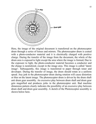 43




Here, the image of the original document is transferred on the photoreceptor
drum through a series of lenses and mirrors. The photoreceptor drum is coated
with a photo-conductor material and it is electrically charged with positive
charge. During the transfer of the image from the document, the whole of the
drum area is exposed to light except the area where the image is formed, Due to
the exposure to light, the photo-conductor material becomes a conductor and
the charge is neutralized, except in the image area. This image is called ‘latent
image’. Subsequently, this image is transferred to paper through toner and
developer. During the transfer of image, the drum should rotate at a uniform
speed. Any jerk to the photoreceptor drum during rotation will cause distortion
or blur on the latent image. The photoreceptor drum is driven by the drum shaft
anti drum gear assembly. An excessive play between drum shaft and drum gear
gets magnified and produces jerks in the photoreceptor unit. Bad machine
dimension pattern clearly indicates the possibility of an excessive play between
drum shaft and drum gear assembly. A sketch of the Photoreceptor assembly is
shown below here.
 