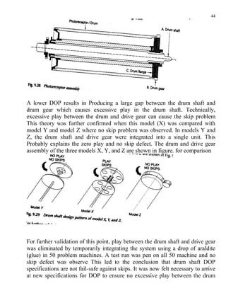 44




A lower DOP results in Producing a large gap between the drum shaft and
drum gear which causes excessive play in the drum shaft. Technically,
excessive play between the drum and drive gear can cause the skip problem
This theory was further confirmed when this model (X) was compared with
model Y and model Z where no skip problem was observed. In models Y and
Z, the drum shaft and drive gear were integrated into a single unit. This
Probably explains the zero play and no skip defect. The drum and drive gear
assembly of the three models X, Y, and Z are shown in figure. for comparison




For further validation of this point, play between the drum shaft and drive gear
was eliminated by temporarily integrating the system using a drop of araldite
(glue) in 50 problem machines. A test run was pen on all 50 machine and no
skip defect was observe This led to the conclusion that drum shaft DOP
specifications are not fail-safe against skips. It was now felt necessary to arrive
at new specifications for DOP to ensure no excessive play between the drum
 