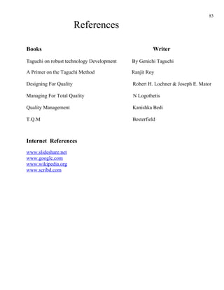 83

                        References

Books                                               Writer

Taguchi on robust technology Development   By Genichi Taguchi

A Primer on the Taguchi Method             Ranjit Roy

Designing For Quality                      Robert H. Lochner & Joseph E. Mator

Managing For Total Quality                 N Logothetis

Quality Management                         Kanishka Bedi

T.Q.M                                      Besterfield



Internet References
www.slideshare.net
www.google.com
www.wikipedia.org
www.scribd.com
 