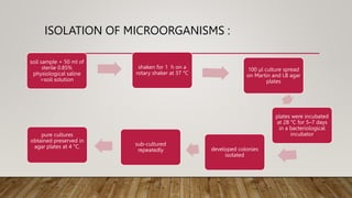 ISOLATION OF MICROORGANISMS :
shaken for 1 h on a
rotary shaker at 37 °C
soil sample + 50 ml of
sterile 0.85%
physiological saline
=soil solution
100 µl culture spread
on Martin and LB agar
plates
plates were incubated
at 28 °C for 5–7 days
in a bacteriological
incubator
pure cultures
obtained preserved in
agar plates at 4 °C. sub-cultured
repeatedly developed colonies
isolated
 