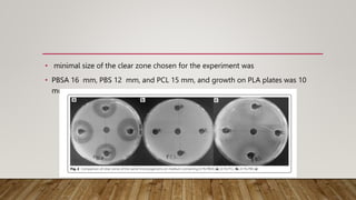 • minimal size of the clear zone chosen for the experiment was
• PBSA 16 mm, PBS 12 mm, and PCL 15 mm, and growth on PLA plates was 10
mm.
 