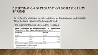 DETERMINATION OF DEGRADATION BIOPLASTIC FILMS
BY FUNGI :
• To confirm the abilities of the selected strains for degradation of biodegradable
films, the liquid culture method was performed.
• The experiment took 30 days, and the results are :
 