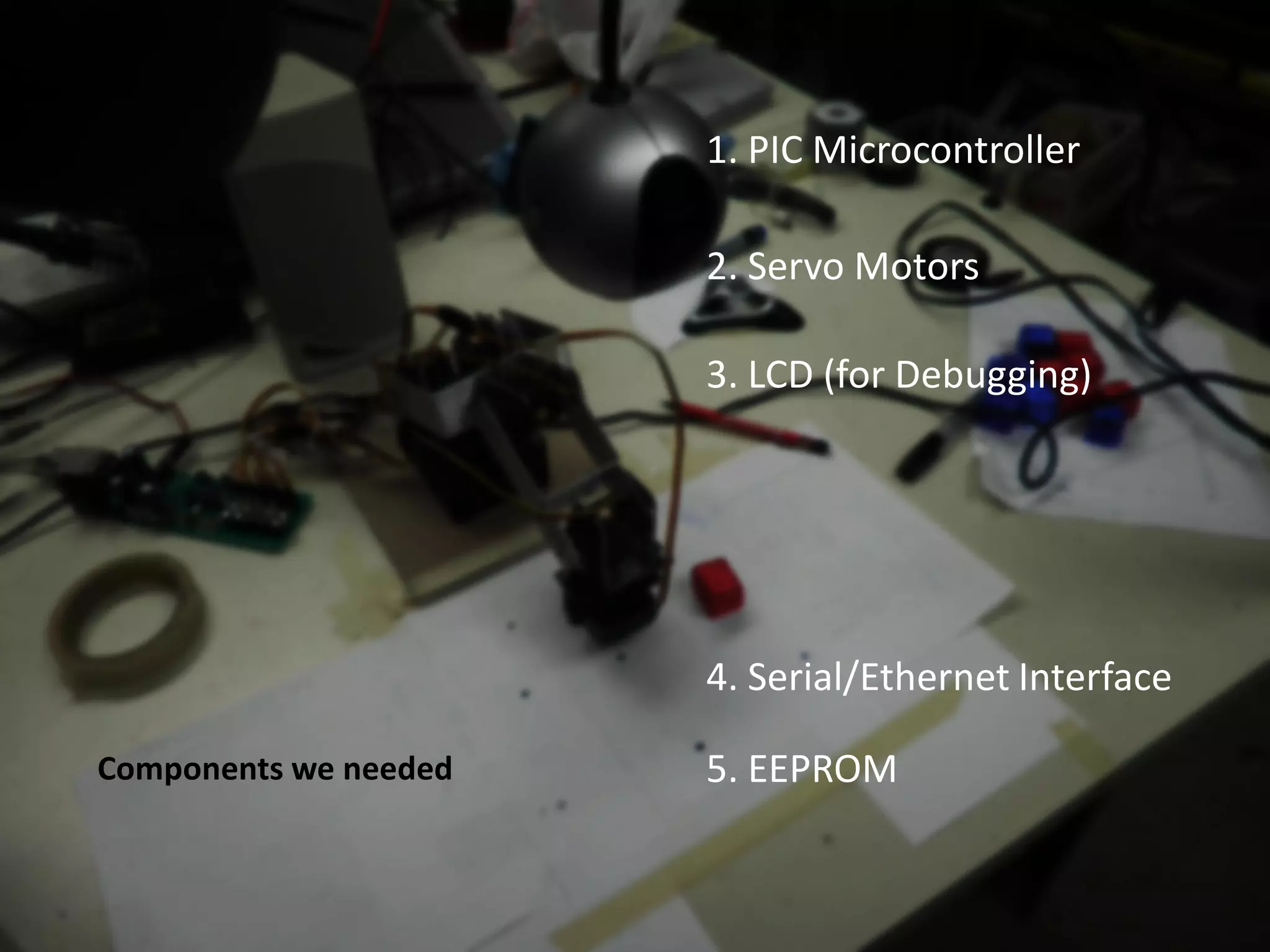 1. PIC Microcontroller

                       2. Servo Motors

                       3. LCD (for Debugging)




                       4. Serial/Ethernet Interface

Components we needed   5. EEPROM
 