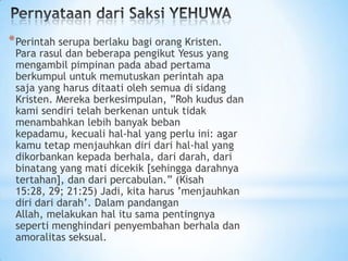 * Perintah serupa berlaku bagi orang Kristen.

Para rasul dan beberapa pengikut Yesus yang
mengambil pimpinan pada abad pertama
berkumpul untuk memutuskan perintah apa
saja yang harus ditaati oleh semua di sidang
Kristen. Mereka berkesimpulan, ”Roh kudus dan
kami sendiri telah berkenan untuk tidak
menambahkan lebih banyak beban
kepadamu, kecuali hal-hal yang perlu ini: agar
kamu tetap menjauhkan diri dari hal-hal yang
dikorbankan kepada berhala, dari darah, dari
binatang yang mati dicekik [sehingga darahnya
tertahan], dan dari percabulan.” (Kisah
15:28, 29; 21:25) Jadi, kita harus ’menjauhkan
diri dari darah’. Dalam pandangan
Allah, melakukan hal itu sama pentingnya
seperti menghindari penyembahan berhala dan
amoralitas seksual.

 