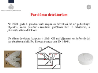 Par dūmu detektoriem
No 2020. gada 1. janvāra visās mājās un dzīvokļos, kā arī publiskajos
objektos, kuros paredzēts izmitināt gulēšanai līdz 10 cilvēkiem, ir
jāuzstāda dūmu detektori.
Uz dūmu detektora korpusa ir jābūt CE marķējumam un informācijai
par detektora atbilstību Eiropas standartam EN 14604.
11
 