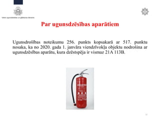 Par ugunsdzēsības aparātiem
Ugunsdrošības noteikumu 256. punkts kopsakarā ar 517. punktu
nosaka, ka no 2020. gada 1. janvāra viendzīvokļa objektu nodrošina ar
ugunsdzēsības aparātu, kura dzēstspēja ir vismaz 21A 113B.
12
 