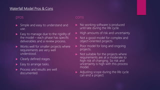 Waterfall Model Pros & Cons
pros
 Simple and easy to understand and
use.
 Easy to manage due to the rigidity of
the model – each phase has specific
deliverables and a review process.
 Works well for smaller projects where
requirements are very well
understood.
 Clearly defined stages.
 Easy to arrange tasks.
 Process and results are well
documented.
cons
 No working software is produced
until late during the life cycle.
 High amounts of risk and uncertainty.
 Not a good model for complex and
object-oriented projects.
 Poor model for long and ongoing
projects.
 Not suitable for the projects where
requirements are at a moderate to
high risk of changing. So risk and
uncertainty is high with this process
model.
 Adjusting scope during the life cycle
can end a project.
 