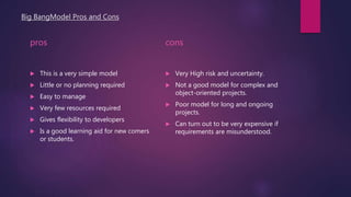 Big BangModel Pros and Cons
pros
 This is a very simple model
 Little or no planning required
 Easy to manage
 Very few resources required
 Gives flexibility to developers
 Is a good learning aid for new comers
or students.
cons
 Very High risk and uncertainty.
 Not a good model for complex and
object-oriented projects.
 Poor model for long and ongoing
projects.
 Can turn out to be very expensive if
requirements are misunderstood.
 