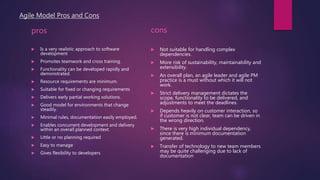 Agile Model Pros and Cons
pros
 Is a very realistic approach to software
development
 Promotes teamwork and cross training.
 Functionality can be developed rapidly and
demonstrated.
 Resource requirements are minimum.
 Suitable for fixed or changing requirements
 Delivers early partial working solutions.
 Good model for environments that change
steadily.
 Minimal rules, documentation easily employed.
 Enables concurrent development and delivery
within an overall planned context.
 Little or no planning required
 Easy to manage
 Gives flexibility to developers
cons
 Not suitable for handling complex
dependencies.
 More risk of sustainability, maintainability and
extensibility.
 An overall plan, an agile leader and agile PM
practice is a must without which it will not
work.
 Strict delivery management dictates the
scope, functionality to be delivered, and
adjustments to meet the deadlines.
 Depends heavily on customer interaction, so
if customer is not clear, team can be driven in
the wrong direction.
 There is very high individual dependency,
since there is minimum documentation
generated.
 Transfer of technology to new team members
may be quite challenging due to lack of
documentation
 