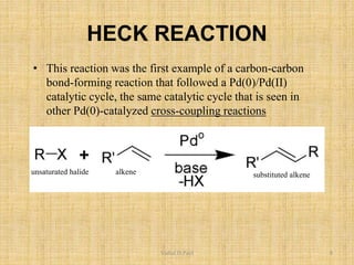 HECK REACTION
unsaturated halide alkene substituted alkene
Vishal.D.Patil 8
• This reaction was the first example of a carbon-carbon
bond-forming reaction that followed a Pd(0)/Pd(II)
catalytic cycle, the same catalytic cycle that is seen in
other Pd(0)-catalyzed cross-coupling reactions
 