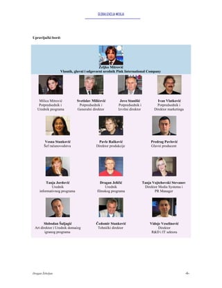 GLOBALIZACIJA MEDIJA




Upravljački bord:




                                           Željko Mitrović
                  Vlasnik, glavni i odgovorni urednik Pink International Company




    Milica Mitrović           Svetislav Milićević          Jovo Stanišić              Ivan Vlatković
    Potpredsednik i            Potpredsednik i            Potpredsednik i             Potpredsednik i
   Urednik programa           Generalni direktor          Izvršni direktor          Direktor marketinga




         Vesna Stanković                   Pavle Rašković                         Predrag Pavlović
        Šef računovodstva                 Direktor produkcije                     Glavni producent




         Tanja Jordović                       Dragan Jeličić                 Tanja Vojtehovski Stevanov
             Urednik                             Urednik                      Direktor Media Systema i
     informativnog programa                filmskog programa                        PR Manager




       Slobodan Šuljagić                  Čedomir Stanković                      Vidoje Veselinović
 Art direktor i Urednik domaćeg            Tehnički direktor                          Direktor
        igranog programa                                                          R&D i IT sektora




Dragan Žebeljan                                                                                           -6-
 