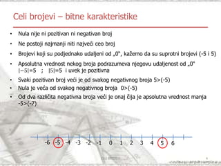 CELI BROJEVI 4
Celi brojevi – bitne karakteristike
1 2 3 4 5 60-6 -5 -4 -3 -2 -1
• Nula nije ni pozitivan ni negativan broj
• Ne postoji najmanji niti najveći ceo broj
• Brojevi koji su podjednako udaljeni od „0“, kažemo da su suprotni brojevi (-5 i 5)
• Apsolutna vrednost nekog broja podrazumeva njegovu udaljenost od „0“
−5 =5 ; 5 =5 i uvek je pozitivna
• Svaki pozitivan broj veći je od svakog negativnog broja 5>(-5)
• Nula je veća od svakog negativnog broja 0>(-5)
• Od dva različita negativna broja veći je onaj čija je apsolutna vrednost manja
-5>(-7)
 