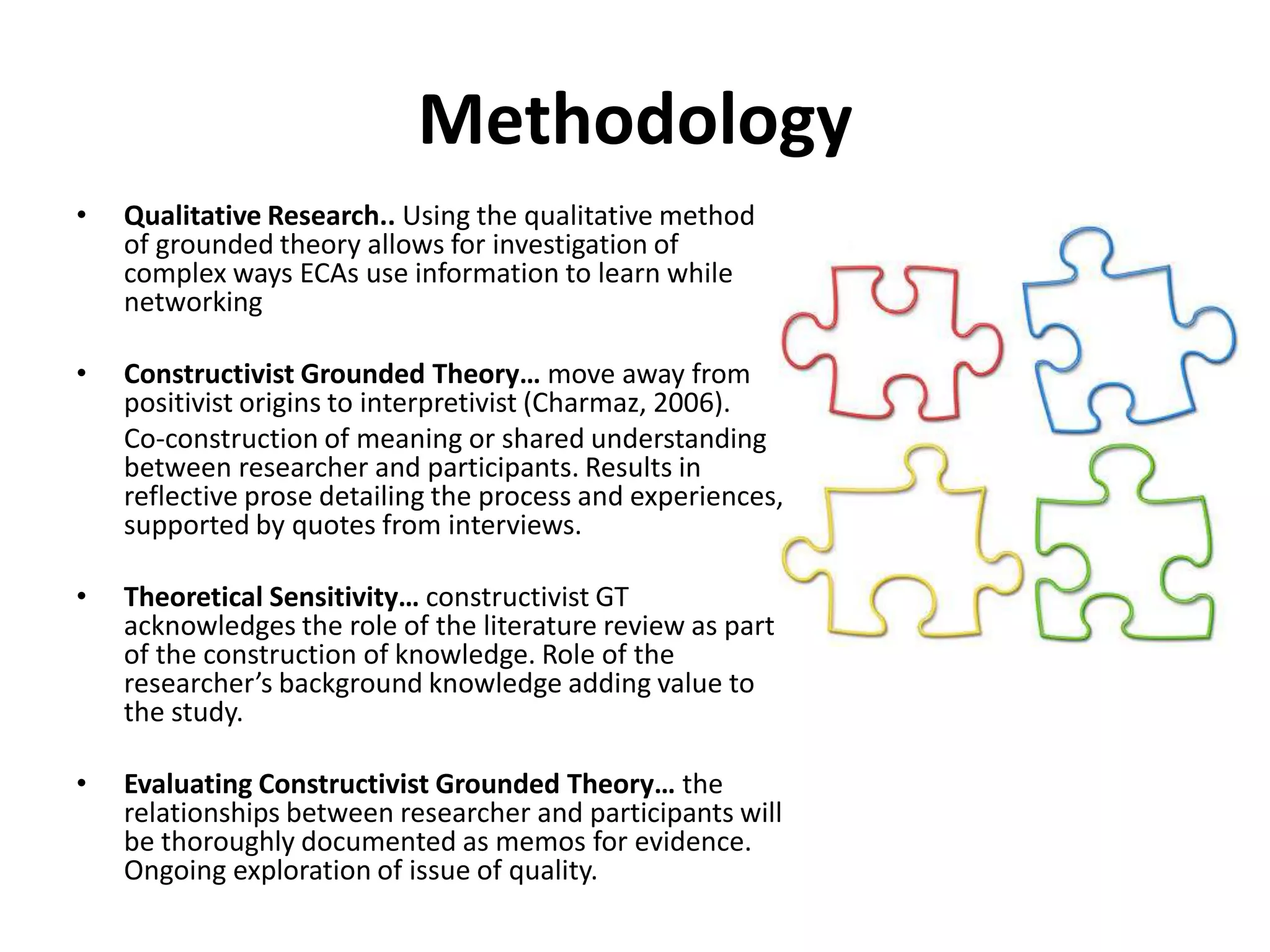 MethodologyQualitative Research.. Using the qualitative method of grounded theory allows for investigation of complex ways ECAs use information to learn while networkingConstructivist Grounded Theory… move away from positivist origins to interpretivist (Charmaz, 2006). 	Co-construction of meaning or shared understanding between researcher and participants. Results in reflective prose detailing the process and experiences, supported by quotes from interviews.Theoretical Sensitivity… constructivist GT acknowledges the role of the literature review as part of the construction of knowledge. Role of the researcher’s background knowledge adding value to the study.Evaluating Constructivist Grounded Theory… the relationships between researcher and participants will be thoroughly documented as memos for evidence. Ongoing exploration of issue of quality.