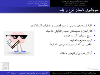 ‫ﻣﺘﻔﺎوت‬ ‫ﻓﮑﺮ‬ ‫ﻃﺮز‬ ‫دو‬ ‫ﻣﻘﺎﯾﺴﮥ‬ ‫و‬ ‫ﻣﻌﺮﻓﯽ‬
‫داﺳﺘﺎن‬ ‫ﯾﮏ‬ ‫ﺑﺎ‬ ‫ﻓﮑﺮ‬ ‫ﻃﺮز‬ ‫دو‬ ‫ﻣﻮاﺟﻬﮥ‬ ‫ﻧﺤﻮۀ‬
‫داﺳﺘﺎن‬ ‫ﮔﯿﺮی‬‫ﻧﺘﯿﺠﻪ‬
‫ﺧﻼﻗﯿﺖ‬ ‫ﺑﺮای‬ ‫ذﻫﻦ‬ ‫ﺳﺎزی‬‫آﻣﺎده‬ ‫و‬ ‫ﻓﮑﺮ‬ ‫ﻃﺮز‬ ‫اﻧﺘﺨﺎب‬
‫ﺧﻼﻗﺎﻧﻪ‬ ‫ﺗﻔﮑﺮی‬ ‫ﻃﺮاﺣﯽ‬ ‫ﺑﺮای‬ ‫ﻫﺎﯾﯽ‬‫ﺗﻮﺻﯿﻪ‬
‫ﺗﻔﮑﺮ‬ ‫ﻃﺮاﺣﯽ‬ ‫اﺑﺰار‬ ‫ﻋﻨﻮان‬ ‫ﺑﻪ‬ ‫ﺳﺮاﯾﯽ‬‫داﺳﺘﺎن‬
١٣ ‫از‬ ۵ ‫ﺻﻔﺤﮥ‬
‫ِﻒ‬‫ﺟ‬ ‫و‬ ‫ﺮج‬‫ﺟ‬ ‫داﺳﺘﺎن‬ ‫ﮔﯿﺮی‬‫ﻧﺘﯿﺠﻪ‬
‫ﮐﺮدن‬ ‫اﺷﺘﺒﺎه‬ ‫اﺿﻄﺮاب‬ ‫و‬ ‫ﻗﻄﻌﯿﺖ‬ ‫ﻋﺪم‬ ‫از‬ ‫ﺗﺮس‬ ‫ﺑﻪ‬ ‫ﻓﺮاﯾﻨﺪﻣﺤﻮر‬ ‫ﻏﻠﺒﮥ‬ ◀
‫ﺧﻼﻗﯿﺖ‬ ‫اﻓﺰاﯾﺶ‬ ‫و‬ ‫ﺟﺪﯾﺪ‬ ‫ﻫﺎی‬‫ﻣﺤﯿﻂ‬ ‫ﺑﺎ‬ ‫آﻣﺪن‬ ‫ﮐﻨﺎر‬ ◀
‫ﺧﻮردن‬ ‫ﺷﮑﺴﺖ‬ ‫ارزان‬ ‫و‬ ‫ﺳﺮﯾﻊ‬ ◀
‫ﺳﺎﺧﺘﺎرﻫﺎ‬ ‫ﺻﺤﯿﺢ‬ ‫ﺗﺮﺳﯿﻢ‬ ◀
‫ﺳﺎﺧﺘﺎرﻫﺎ‬ ‫زدن‬ ‫ﻫﻢ‬ ‫ﺑﻪ‬ ‫ﯾﺎ‬ ‫ﺳﺎﺧﺘﺎرﻣﻨﺪی‬ ‫ﺑﯿﻦ‬ ‫ﺗﻨﺎﻗﺾ‬
‫ﺧﻼﻗﺎﻧﻪ‬ ‫ﮐﺎرﻫﺎی‬ ‫ﺑﺮای‬ ‫ذﻫﻦ‬ ‫آﻣﺎدﮔﯽ‬ ◀
١٣٩٩ ‫اردﯾﺒﻬﺸﺖ‬ ١٠ ،‫ﺳﺮاﯾﯽ‬‫داﺳﺘﺎن‬ ‫اﺑﺰار‬ ‫و‬ ‫ﺧﻼﻗﯿﺖ‬ ‫ﺑﺮای‬ ‫ذﻫﻦ‬ ‫ﺳﺎزی‬‫آﻣﺎده‬ ‫ﺻﺪرﻧﮋاد‬ ‫ﺳﯿﺪﻣﺤﻤﺪﻣﺴﻌﻮد‬ ‫و‬ ‫اﻟﺤﮑﻤﺎ‬‫ﺣﺴﺎم‬ ‫ﻣﺤﻤﺪﻣﺤﺴﻦ‬ :‫اراﺋﻪ‬ ‫ﺗﺮﺗﯿﺐ‬ ‫ﺑﻪ‬ ‫ﭘﺪﯾﺪآورﻧﺪﮔﺎن‬
 