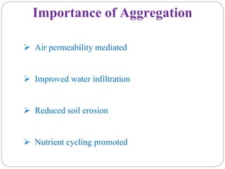 Importance of Aggregation
 Air permeability mediated
 Improved water infiltration
 Reduced soil erosion
 Nutrient cycling promoted
 