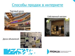 Способы продаж в интернете
      Торговый центр

                           Собственный магазин




Доски объявлений
 