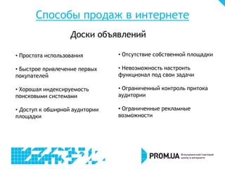 Способы продаж в интернете
                   Доски объявлений

• Простота использования        • Отсутствие собственной площадки

• Быстрое привлечение первых    • Невозможность настроить
покупателей                     функционал под свои задачи

• Хорошая индексируемость       • Ограниченный контроль притока
поисковыми системами            аудитории

• Доступ к обширной аудитории   • Ограниченные рекламные
площадки                        возможности
 