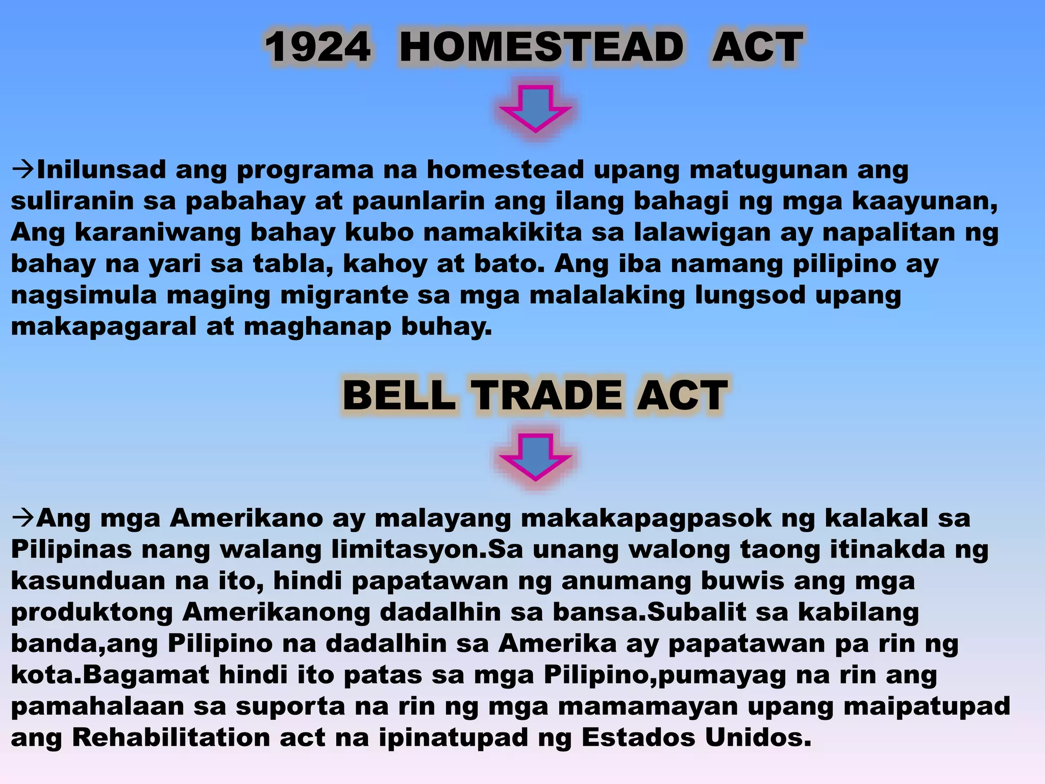 1924 HOMESTEAD ACT 
Inilunsad ang programa na homestead upang matugunan ang 
suliranin sa pabahay at paunlarin ang ilang bahagi ng mga kaayunan, 
Ang karaniwang bahay kubo namakikita sa lalawigan ay napalitan ng 
bahay na yari sa tabla, kahoy at bato. Ang iba namang pilipino ay 
nagsimula maging migrante sa mga malalaking lungsod upang 
makapagaral at maghanap buhay. 
BELL TRADE ACT 
Ang mga Amerikano ay malayang makakapagpasok ng kalakal sa 
Pilipinas nang walang limitasyon.Sa unang walong taong itinakda ng 
kasunduan na ito, hindi papatawan ng anumang buwis ang mga 
produktong Amerikanong dadalhin sa bansa.Subalit sa kabilang 
banda,ang Pilipino na dadalhin sa Amerika ay papatawan pa rin ng 
kota.Bagamat hindi ito patas sa mga Pilipino,pumayag na rin ang 
pamahalaan sa suporta na rin ng mga mamamayan upang maipatupad 
ang Rehabilitation act na ipinatupad ng Estados Unidos. 
 