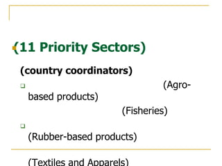 (11 Priority Sectors)



    (country coordinators)
                                   (Agro-
        based products)
                           (Fisheries)
    
        (Rubber-based products)
 