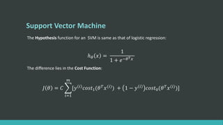 Support Vector Machine
The Hypothesis function for an SVM is same as that of logistic regression:
ℎ 𝜃 𝑥 =
1
1 + 𝑒−𝜃 𝑇 𝑥
The difference lies in the Cost Function:
𝐽 𝜃 = 𝐶
𝑖=1
𝑚
[𝑦 𝑖 𝑐𝑜𝑠𝑡1(𝜃 𝑇 𝑥(𝑖)) + 1 − 𝑦 𝑖 𝑐𝑜𝑠𝑡0(𝜃 𝑇 𝑥(𝑖))]
 