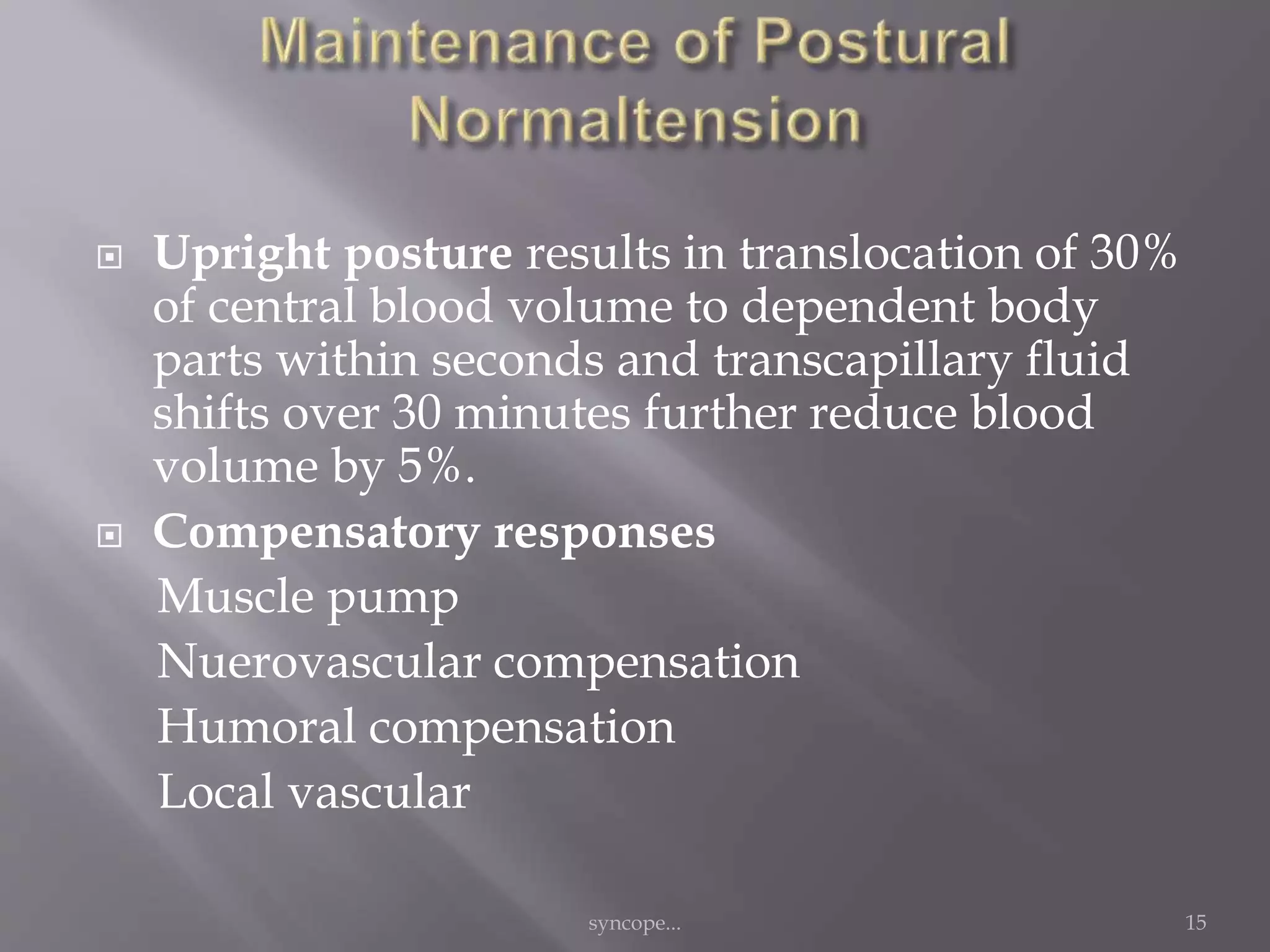  Upright posture results in translocation of 30%
of central blood volume to dependent body
parts within seconds and transcapillary fluid
shifts over 30 minutes further reduce blood
volume by 5%.
 Compensatory responses
Muscle pump
Nuerovascular compensation
Humoral compensation
Local vascular
syncope... 15
 