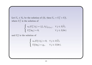 Let Uν ∈ Vh be the solution of (3), then Uν = Uf
ν + Ug
ν ,
where Uf
ν is the solution of



aν(Uf
ν , bj) = (fν, bj)L2(ν) , ∀ j ∈ I(
◦
ν),
Uf
ν (xj) = 0, ∀ j ∈ I(∂ν)
and Ug
ν is the solution of



aν(Ug
ν , bj) = 0, ∀ j ∈ I(
◦
ν),
Ug
ν (xj) = gj, ∀ j ∈ I(∂ν).
10
 