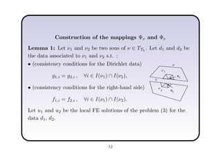 Construction of the mappings Ψν and Φν
Lemma 1: Let ν1 and ν2 be two sons of ν ∈ TTh
. Let d1 and d2 be
the data associated to ν1 and ν2 s.t. :
• (consistency conditions for the Dirichlet data)
g1,i = g2,i , ∀i ∈ I(ν1) ∩ I(ν2),
• (consistency conditions for the right-hand side)
f1,i = f2,i , ∀i ∈ I(ν1) ∩ I(ν2).
1
2
xj
γ
xj
ν
ν
ν
Let u1 and u2 be the local FE solutions of the problem (3) for the
data d1, d2.
12
 