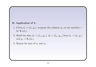 II. Application of Φν
1. Given dν = (fν, gν), compute the solution uh on the interface γ
by Φν(dν).
2. Build the data d1 = (fν1 , gν1 ), d2 = (fν2 , gν2 ) from dν = (fν, gν)
and gγ = Φν(dν).
3. Repeat for sons of ν1 and ν2.
16
 