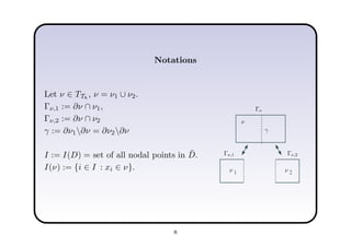 Notations
Let ν ∈ TTh
, ν = ν1 ∪ ν2.
Γν,1 := ∂ν ∩ ν1,
Γν,2 := ∂ν ∩ ν2
γ := ∂ν1∂ν = ∂ν2∂ν
I := I(D) = set of all nodal points in ¯D.
I(ν) := {i ∈ I : xi ∈ ν}.
1 2
γ
Γν,1 Γν,2
Γν
ν
νν
8
 