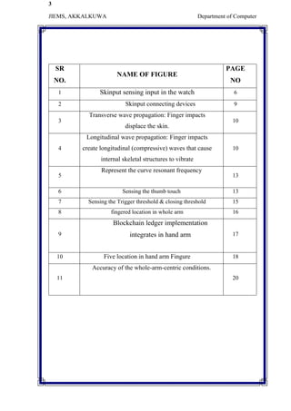 3
JIEMS, AKKALKUWA Department of Computer
SR
NO.
NAME OF FIGURE
PAGE
NO
1 Skinput sensing input in the watch 6
2 Skinput connecting devices 9
3
Transverse wave propagation: Finger impacts
displace the skin.
10
4
Longitudinal wave propagation: Finger impacts
create longitudinal (compressive) waves that cause
internal skeletal structures to vibrate
10
5
Represent the curve resonant frequency
13
6 Sensing the thumb touch 13
7 Sensing the Trigger threshold & closing threshold 15
8 fingered location in whole arm 16
9
Blockchain ledger implementation
integrates in hand arm 17
10 Five location in hand arm Fingure 18
11
Accuracy of the whole-arm-centric conditions.
20
 