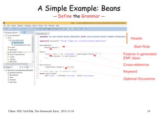 T.Baar: NSU TechTalk, The framework Xtext. 2015-11-24 18
A Simple Example: Beans
-- Define the Grammar --
Header
Start Rule
Feature in generated
EMF class
Cross-reference
Keyword
Optional Occurence
 